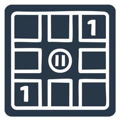 Square interface with grid, pause symbol, and the number one in two separate squares, simple graphic