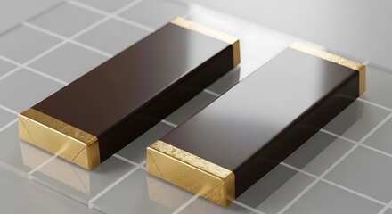 Two rectangular dark objects with gold accents on a grid background