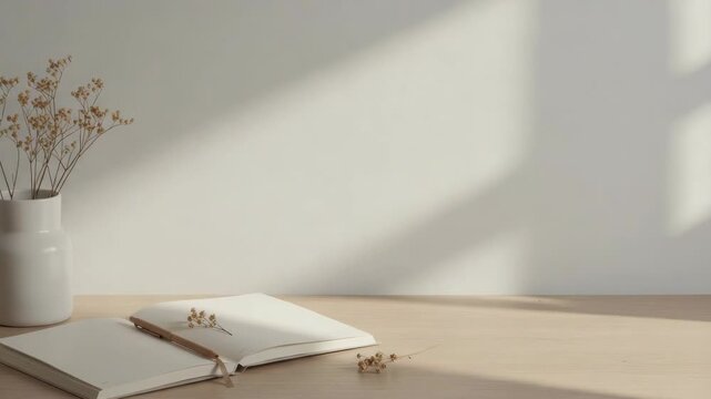 Minimalist composition with opened notebook and dried flowers natural light neutral tones