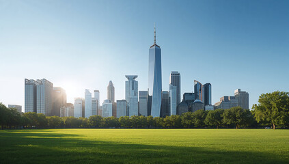 A wide view of an urban area with modern buildings, symbolizing corporate growth and environmental harmony.
