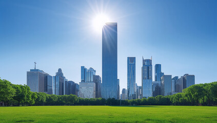 Obraz premium A panoramic view of a city’s modern skyline surrounded by green parks, symbolizing progress and nature.