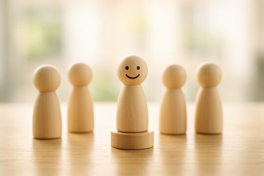 Wooden figurines representing teamwork and individuality, with one smiling figure in focus. Concept of leadership, positivity, and social dynamics in professional settings.