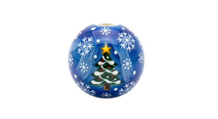 Blue christmas ball with a christmas tree and snowflakes isolated on transparent background
