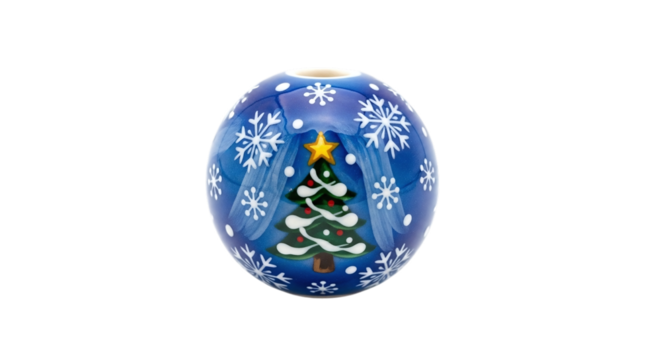 Blue christmas ball with a christmas tree and snowflakes isolated on transparent background