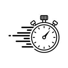 Illustrated stopwatch with motion lines indicating speed and efficiency in black and white design