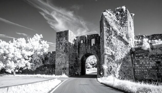 Infrared view capturing the historical gateway architecture of Almeida, Portugal
