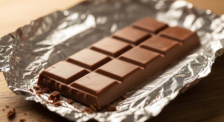 Delicious milk chocolate bar unwrapped in shiny foil packaging
