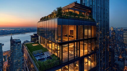 Luxury Penthouse with City Views at Sunset in New York.