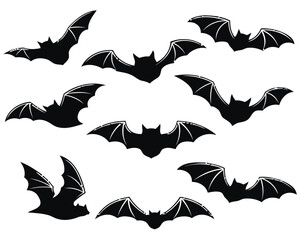 halloween, bats, silhouette, flying, spooky, scary, night, creature, animal, dark, black, white background, isolated, set, collection, graphic, design element, horror, autumn, celebration, winged, mam