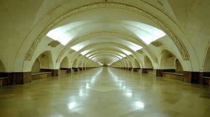 Long perspective view of a subway station with arched ceilings.