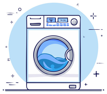 Blue and white cartoon washing machine with water inside illustration for laundry and household chores