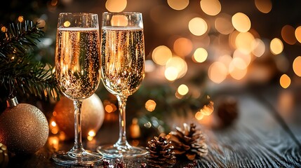 Sparkling champagne reflections shining against bright golden Christmas bokeh photo