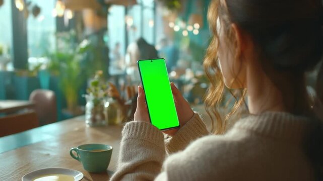 Green Screen Display: A woman sits at a cafe, engrossed in her phone's vibrant green screen display, perfect for adding your creative content.