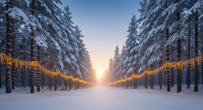 Snowy forest path lined with fir trees and illuminated by string lights