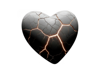 Cracked heart sculpture with glowing orange light isolated on transparent background