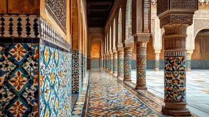 Intricate Moorish Architecture - A Hallway of Columns and Tilework.
