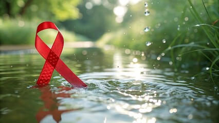 Red ribbon in water, symbolizing hivaids awareness, hope, and support, promoting compassion, solidarity, and a world without stigma and discrimination