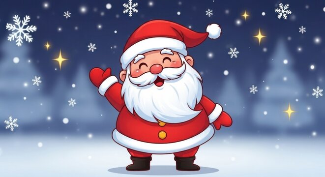 Cute cartoon santa claus waving hello in a snowy forest at night - Powered by Adobe