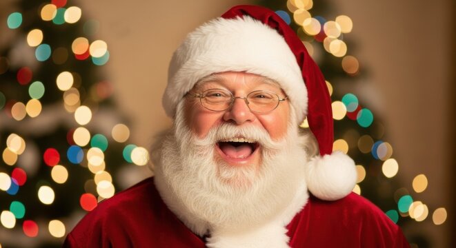 Jolly santa claus smiling with christmas tree bokeh - Powered by Adobe