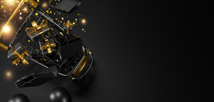 Black friday sale banner design of top view shopping cart and gift box with paper bag on black background with copy space 3D render - Powered by Adobe