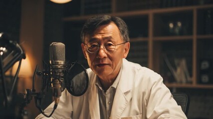 Expert Discourse: An accomplished professional, radiating authority and wisdom, engages the audience with insightful commentary. His environment, with the microphone and backdrop.