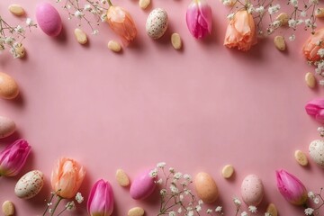 Easter frame with pastel chocolate candy sweets, eggs, flowers, gypsophila and flowers on pink background. View from above. Flat lay. Happy Easter greeting card. Copy space.