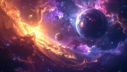 A vibrant cosmic artwork displays nebula clouds and planets within the vast expanse, featuring stellar colors and deep space tones