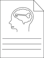 Blackandwhite drawing shows a head profile with a brain containing a key atop lined paper with a folded corner
