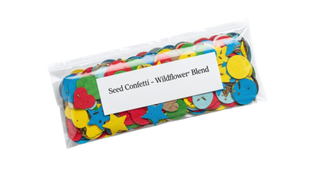 Bag of colorful star and circle shaped confetti isolated on transparent background, perfect for parties, celebrations, and adding a festive touch