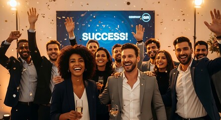 Excited group celebrates achievement with confetti and raised hands indoors
