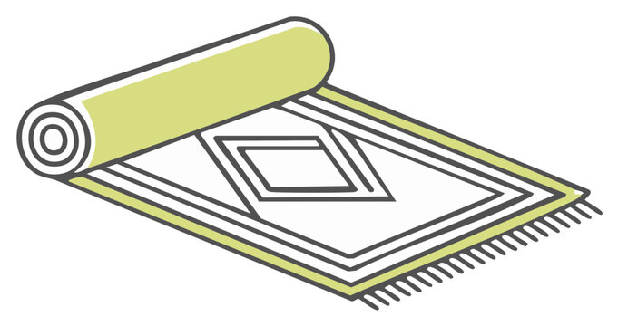 Traditional Prayer Mat Partially Unrolled with Geometric Pattern and Green Detail Illustration