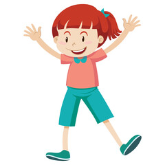 Joyful young girl with red hair and a ponytail wearing a pink t-shirt and teal shorts with arms raised in excitement on a transparent background