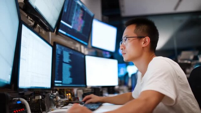 Tech Expert at Work: An Asian individual, intently focused, navigates complex data across multiple monitors, demonstrating expertise in the realm of technology.