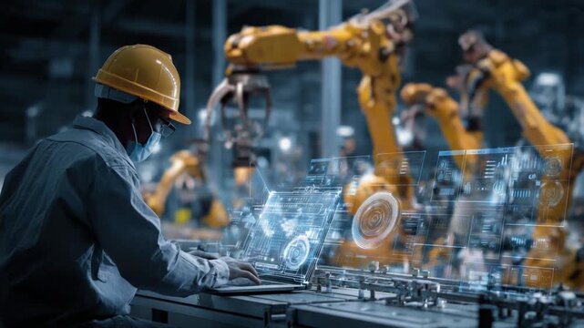 Industrial Engineer at Work: An industrial engineer, with protective equipment and focused intent, interacts with futuristic robotic arms in a high-tech manufacturing environment.