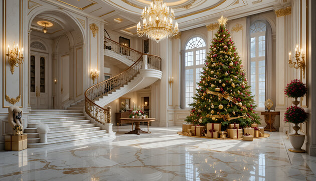 Christmas tree stands elegantly in a grand foyer adorned with marble floors and ornate gold accents