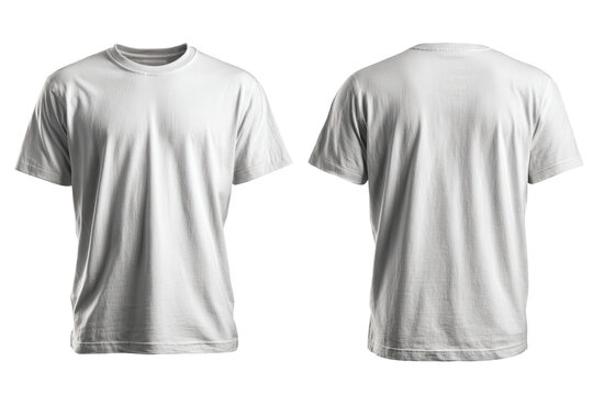 Plain white t-shirt, front and back view, on black