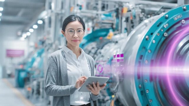 Precision Engineering in Action: A focused professional, utilizing a tablet to oversee advanced machinery within a state-of-the-art facility, representing technological advancement.