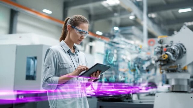 Innovation at Work: A skilled woman in advanced eyewear examines a digital tablet amid an industrial setting, symbolizing technological progress in an engineering workspace. 