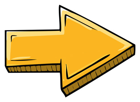 Bold 3D cartoon style yellow arrow pointing to the right. A hand drawn graphic for direction and navigation.