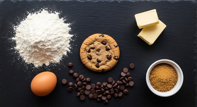 Baking ingredients for chocolate chip cookies including flour, egg, butter, sugar, and chocolate chips on a dark slate background.