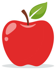 Red apple with a green leaf, healthy food, cartoon illustration.