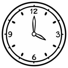 Simple hand drawn analog clock illustration, minimalist black and white outline doodle of a timepiece showing time.