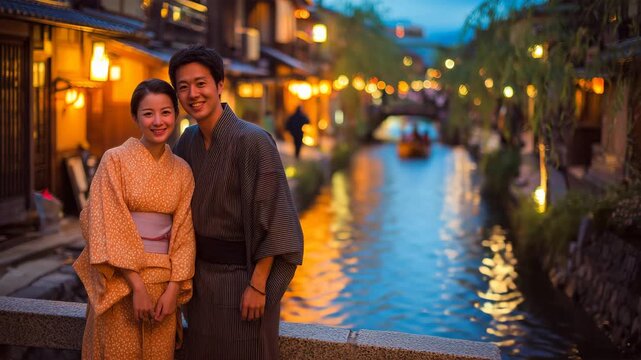 日本人女性と日本人男性が川沿いの灯りの下で寄り添う青の時間の京都