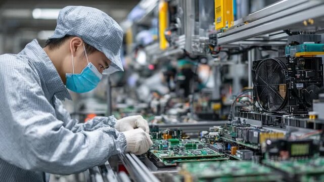 Precision in Production: A skilled technician, meticulously assembling circuit boards in a state-of-the-art facility, embodies precision and diligence within a high-tech manufacturing environment.