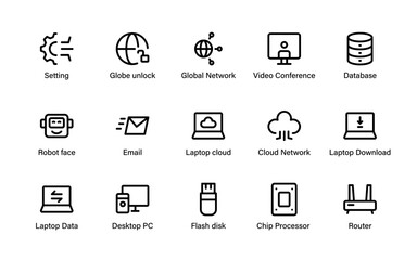 Computer Network and Technology icons. premium digital symbols focused on networks, cybersecurity, devices, communication, and data systems.