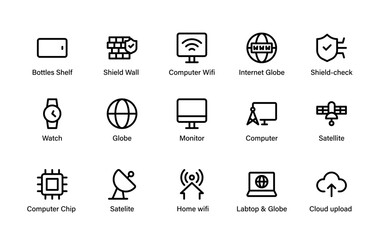 Computer Network and Technology icons. premium digital symbols focused on networks, cybersecurity, devices, communication, and data systems.