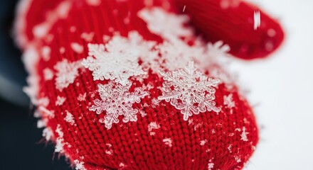 Vibrant Red Mitten Adorned with Intricate, Frosty Snow Crystals.