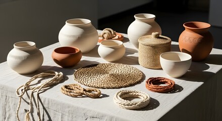 A collection of handmade ceramic pottery and woven natural fiber crafts on a linen tablecloth.