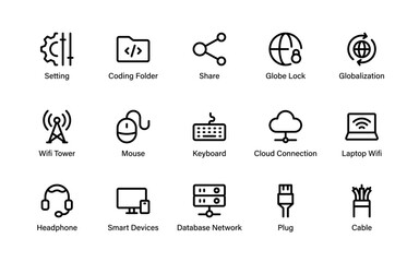 Computer Network and Technology icons. premium digital symbols focused on networks, cybersecurity, devices, communication, and data systems.