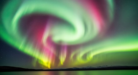 Majestic Aurora Borealis Swirls - Vibrant Green, Pink, and Yellow Hues Over Water.
